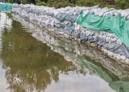 Big wall of sandbags for flood defense